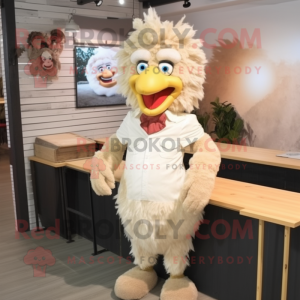Beige Fried Chicken mascot costume character dressed with a Flare Jeans and Hair clips