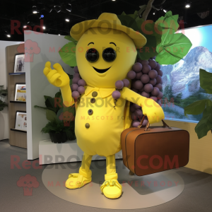 Yellow Grape mascot costume character dressed with a Mini Dress and Briefcases