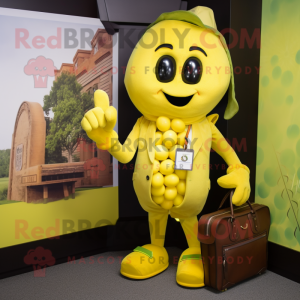 Yellow Grape mascot costume character dressed with a Mini Dress and Briefcases
