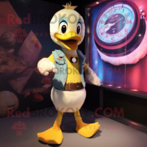 Cream Gosling mascot costume character dressed with a Flare Jeans and Bracelet watches