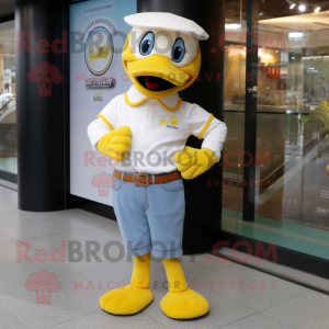 Cream Gosling mascot costume character dressed with a Flare Jeans and Bracelet watches