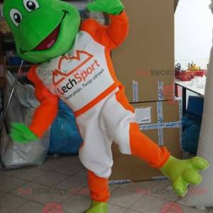 Grünes Froschmaskottchen gekleidet in Weiß und Orange -