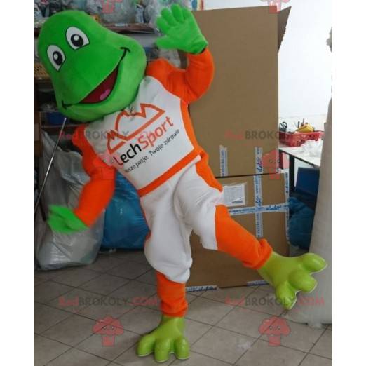 Groene kikker mascotte gekleed in wit en oranje - Redbrokoly.com