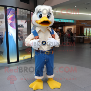 Cream Gosling mascot costume character dressed with a Flare Jeans and Bracelet watches