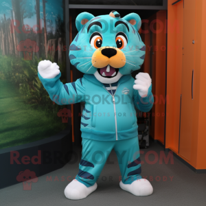 Teal Tiger mascot costume character dressed with a Culottes and Anklets