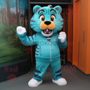 Teal Tiger mascot costume character dressed with a Culottes and Anklets