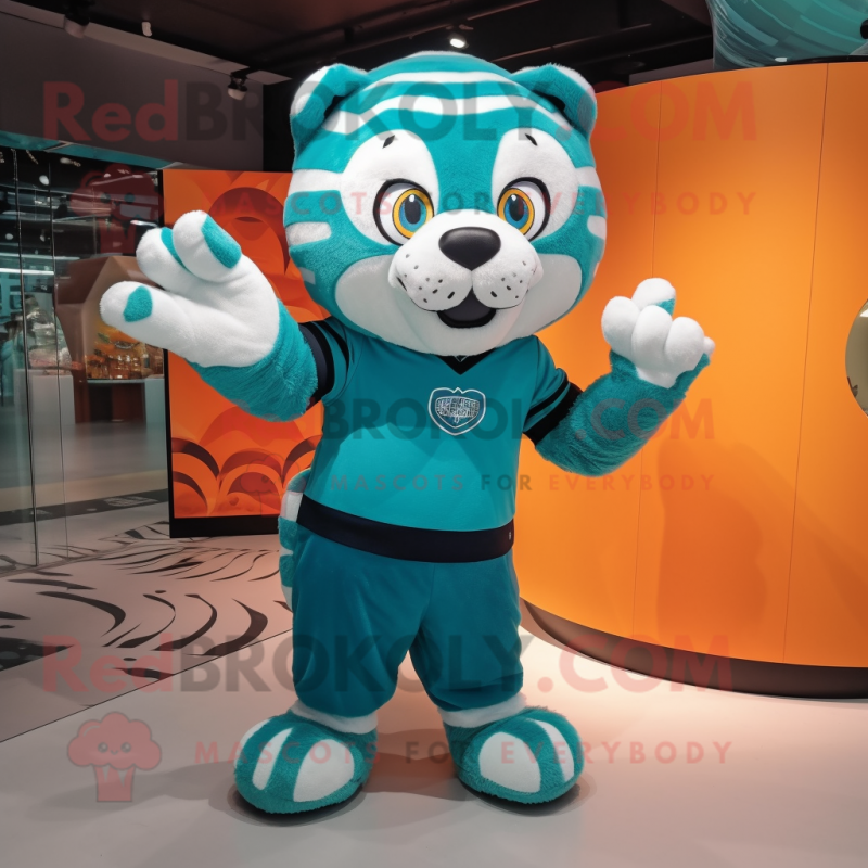Teal Tiger mascot costume character dressed with a Culottes and Anklets Teal Tiger mascot costume character dressed with a Culottes and Anklets