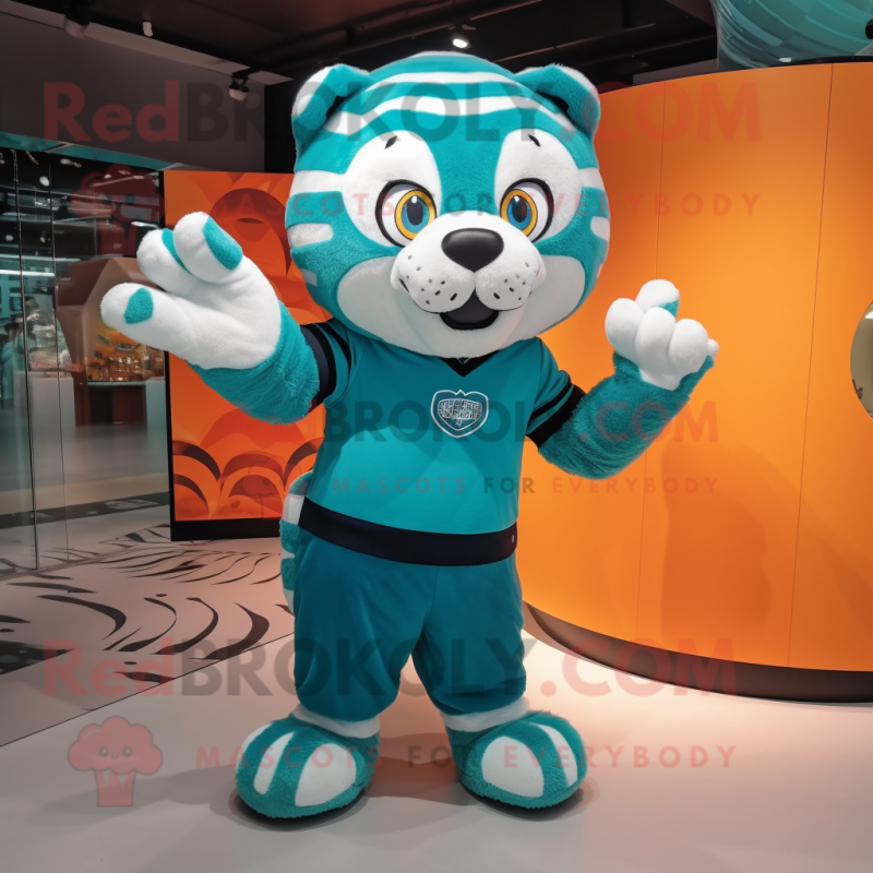 Teal Tiger mascot costume character dressed with a Culottes and Anklets