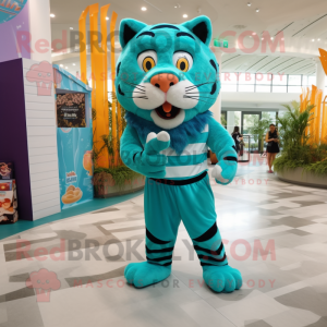 Teal Tiger mascot costume character dressed with a Culottes and Anklets