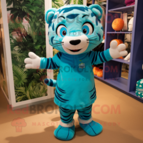 Teal Tiger mascot costume character dressed with a Culottes and Anklets