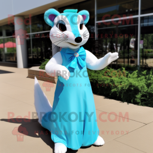 Cyan Weasel mascot costume character dressed with a Empire Waist Dress and Bow ties