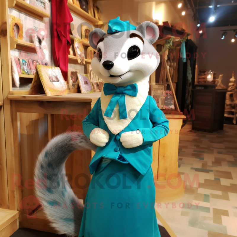 Cyan Weasel mascot costume character dressed with a Empire Waist Dress and Bow ties