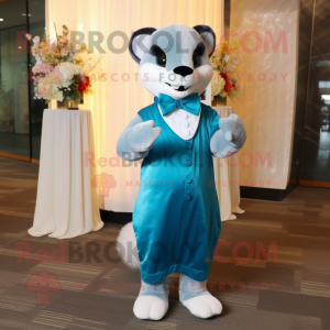 Cyan Weasel mascot costume character dressed with a Empire Waist Dress and Bow ties