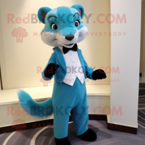 Cyan Weasel mascot costume character dressed with a Empire Waist Dress and Bow ties