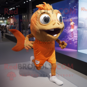 Brown Goldfish mascot costume character dressed with a Running Shorts and Shoe laces