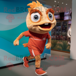 Brown Goldfish mascot costume character dressed with a Running Shorts and Shoe laces