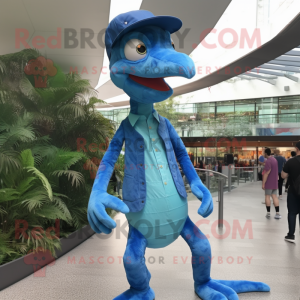 Sky Blue Coelophysis mascot costume character dressed with a Skinny Jeans and Hats