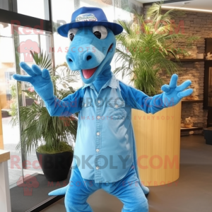 Sky Blue Coelophysis mascot costume character dressed with a Skinny Jeans and Hats