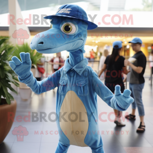 Sky Blue Coelophysis mascot costume character dressed with a Skinny Jeans and Hats