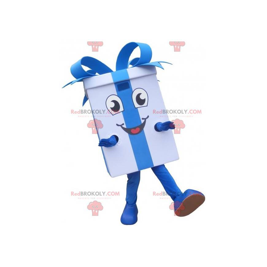 Hvid gave maskot med et blåt bånd - Redbrokoly.com