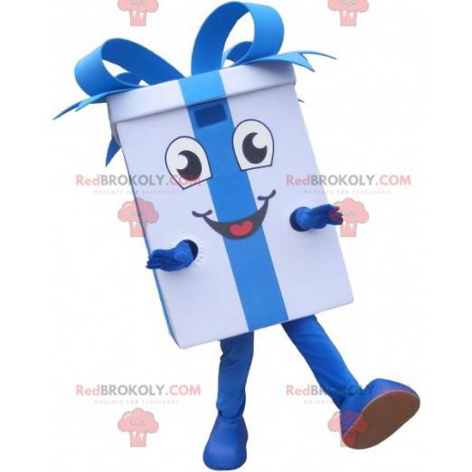 Mascote de presente branco com uma fita azul - Redbrokoly.com