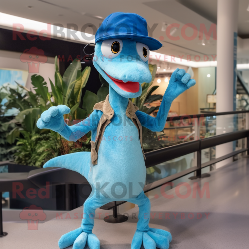 Sky Blue Coelophysis mascot costume character dressed with a Skinny Jeans and Hats Sky Blue Coelophysis mascot costume character dressed with a Skinny Jeans and Hats