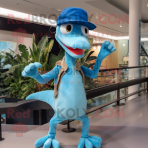 Sky Blue Coelophysis mascot costume character dressed with a Skinny Jeans and Hats