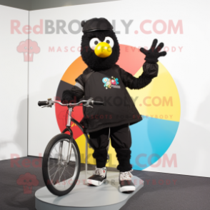 Black Unicyclist mascot costume character dressed with a Windbreaker and Scarves