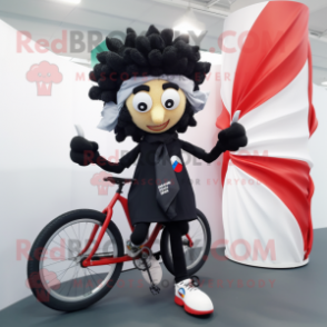 Black Unicyclist mascot costume character dressed with a Windbreaker and Scarves