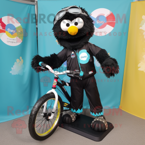 Black Unicyclist mascot costume character dressed with a Windbreaker and Scarves