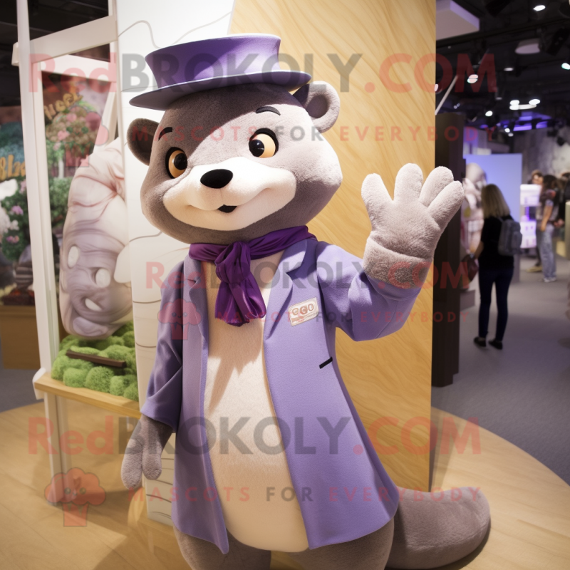 Lavender Marten mascot costume character dressed with a Suit and Scarves