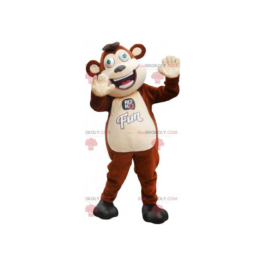 Mascotte de singe marron et blanc aux yeux verts -