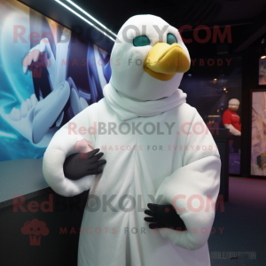 White Pigeon mascot costume character dressed with a Hoodie and Mittens