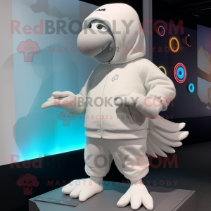 White Pigeon mascot costume character dressed with a Hoodie and Mittens