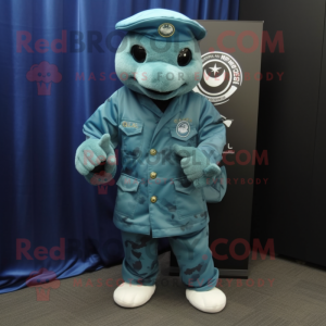 Teal Navy Seal mascot costume character dressed with a Wrap Dress and Caps