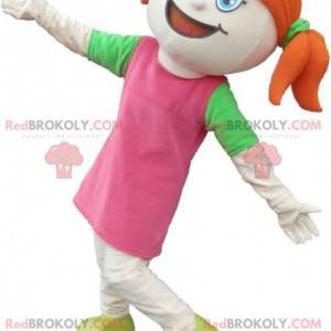 Red-haired girl mascot dressed in pink with quilts -