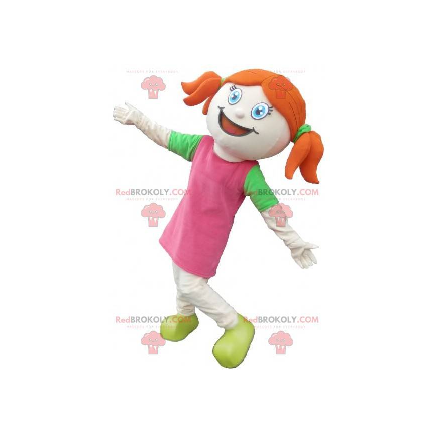 Red-haired girl mascot dressed in pink with quilts -