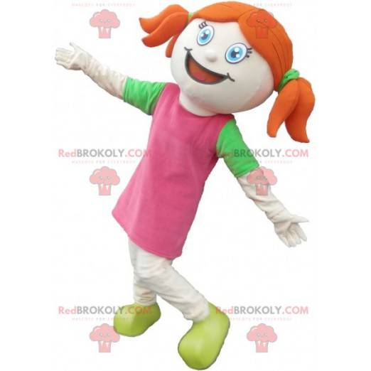 Red-haired girl mascot dressed in pink with quilts -