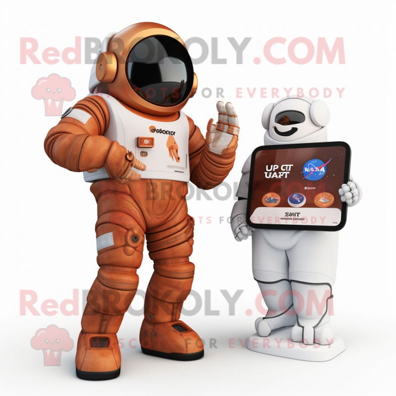 Rust Astronaut mascot costume character dressed with a Sweatshirt and Smartwatches Rust Astronaut mascot costume character dressed with a Sweatshirt and Smartwatches