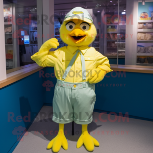 nan Canary mascot costume character dressed with a Bermuda Shorts and Suspenders