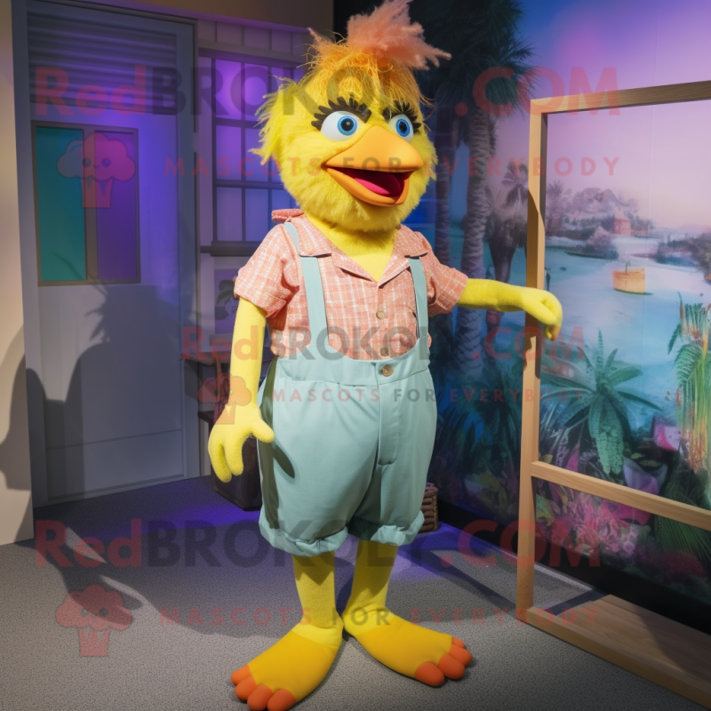 nan Canary mascot costume character dressed with a Bermuda Shorts and Suspenders