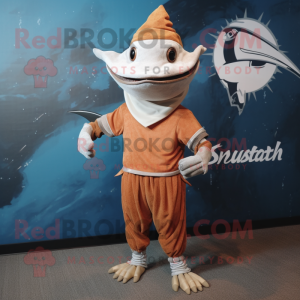 Rust Swordfish mascot costume character dressed with a Rash Guard and Headbands