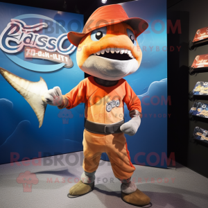 Rust Swordfish mascot costume character dressed with a Rash Guard and Headbands