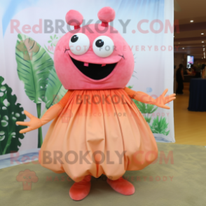 Peach Crab Cakes mascot costume character dressed with a Maxi Skirt and Shoe laces