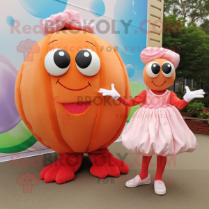Peach Crab Cakes mascot costume character dressed with a Maxi Skirt and Shoe laces