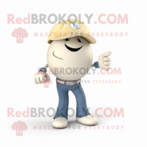 Cream Petanque Ball mascot costume character dressed with a Jeans and Brooches