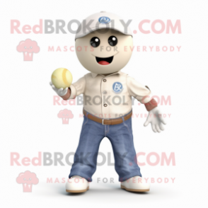 Cream Petanque Ball mascot costume character dressed with a Jeans and Brooches