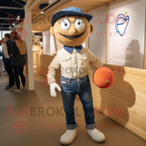 Cream Petanque Ball mascot costume character dressed with a Jeans and Brooches