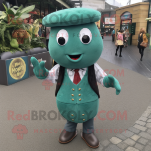 Teal Green Bean mascot costume character dressed with a Waistcoat and Keychains