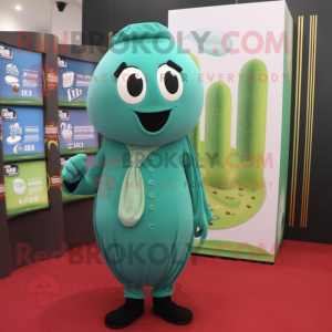 Teal Green Bean mascot costume character dressed with a Waistcoat and Keychains